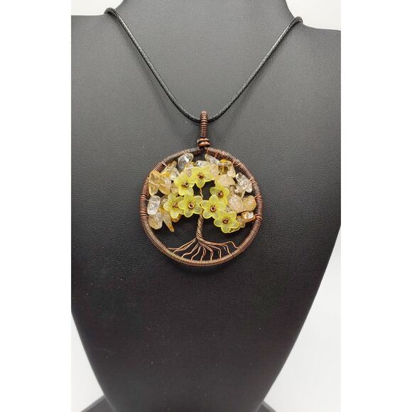Citrine Tree of Life Pendant Necklace | Handmade | Faux Leather Cord 20"+2" NEW - Picture 1 of 2